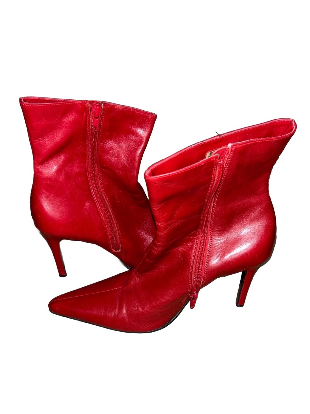 Bruno Valenti Women’s Leather Stiletto Boots Pointy Toe Red Ankle Sz 8.5